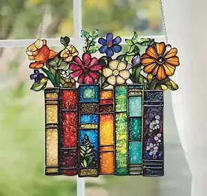 Book and Flower Suncatcher – Acrylic Window Hanging Decor – Literary Floral Gift – Rainbow Sun Catcher for Book Lovers