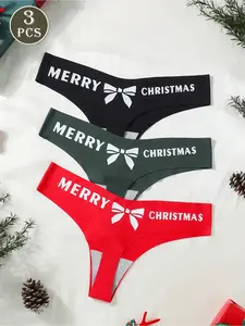 3Pcs Seamless Women's Panties Thong Christmas Theme Print Black Green Red Soft Nylon Blend Low Waist Elastic Fit