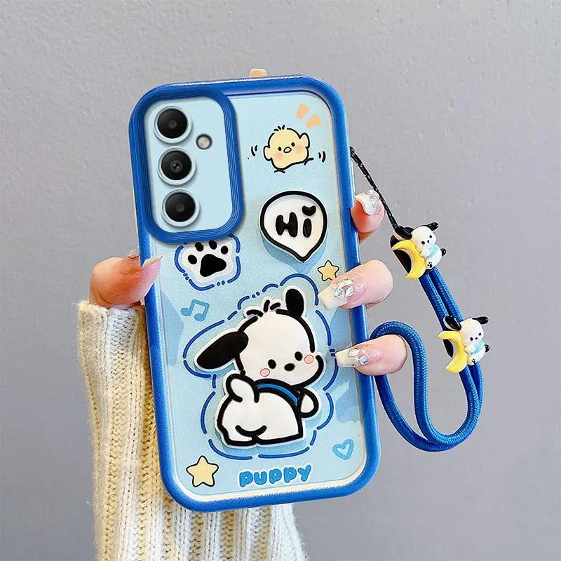 Sanrio 3D Cartoon Pochacco Shockproof Smartphone Cover - Casing with Wrist Strap, Protective Mobile Phone Accessory for Samsung Galaxy A05s, A06, A07, A15, A16, A17, A25, A35, A36, A37, A55, A56, A57
