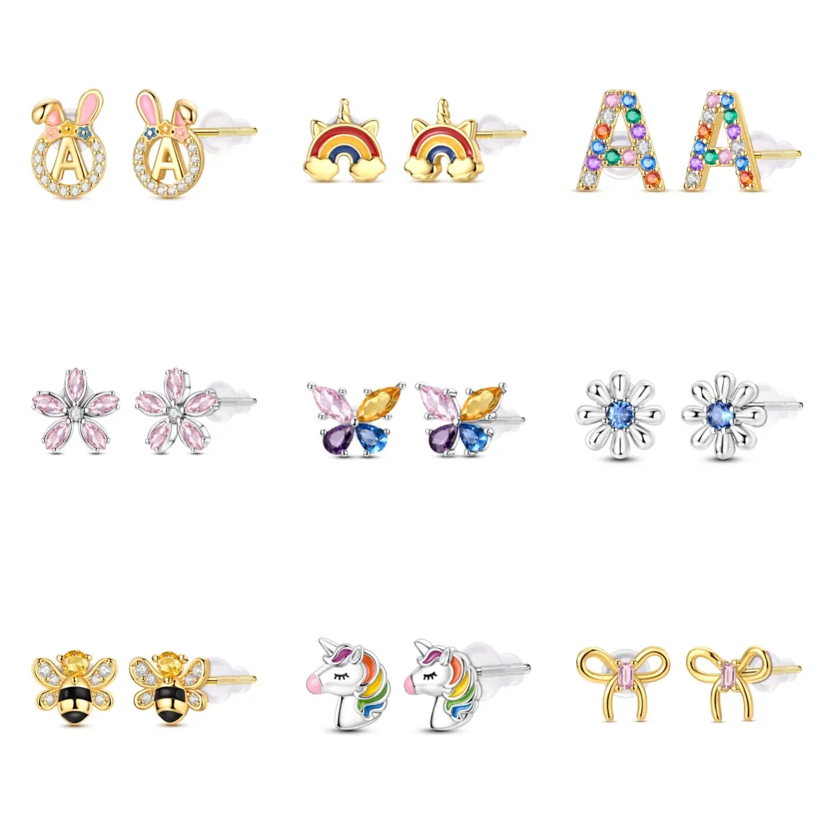 MULA S925 silver stud earrings, 14K gold plated, hypoallergenic, cute enamel rainbow unicorn, rabbit, butterfly, and bee earrings, a perfect gift for a daughter or granddaughter.