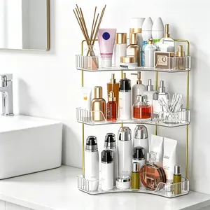 Bathroom Counter Corner Organizer, Multi-layer Storage Shelf, 3 Tier 90° Fit Clear Acrylic Rack with Gold Metal Stand, For Household Bathroom Users, Skincare Toiletry Storage Holder, Countertop Space Saving Household Storage