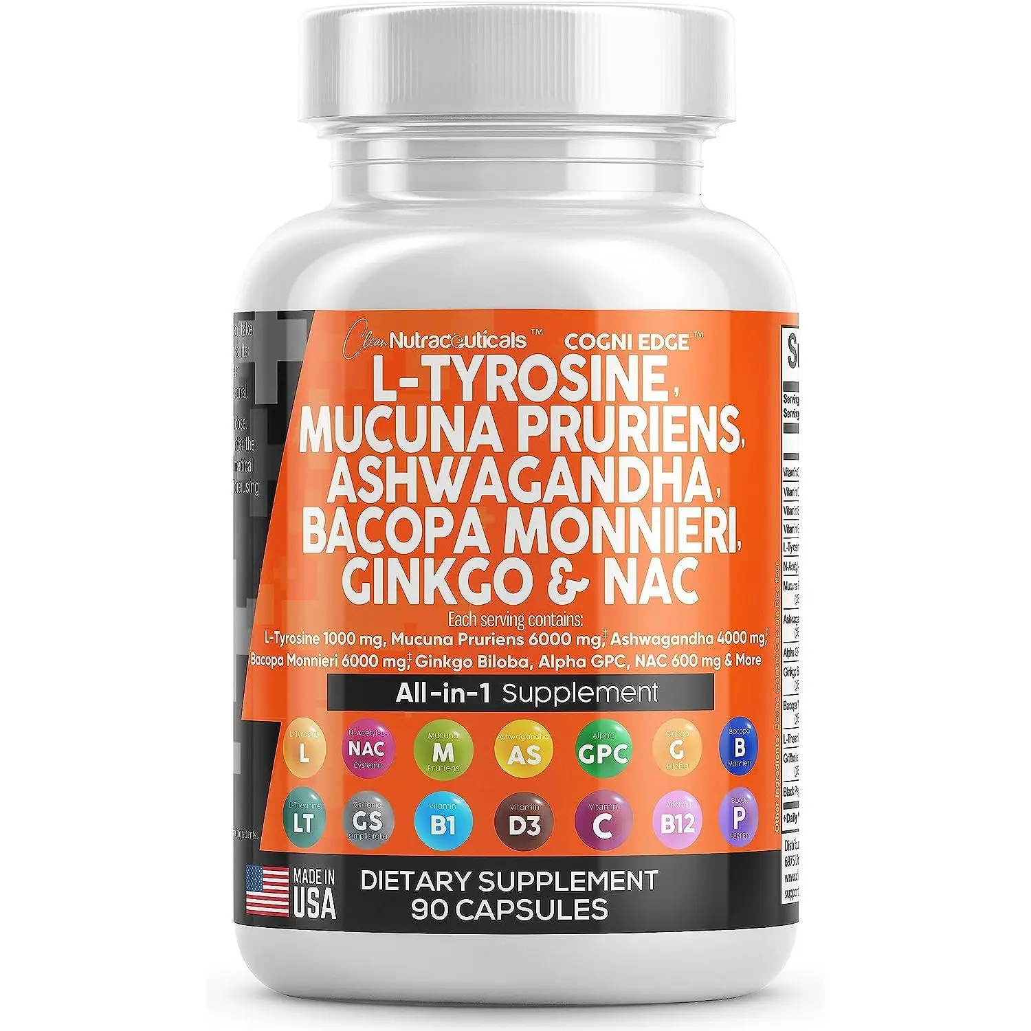 Clean Nutra Cogni Edge | L-Tyrosine Mucuna Pruriens Bacopa Monnieri Ashwagandha Focus Supplement with N-Acetyl Cysteine 600mg NAC 5-HTP Ginkgo Biloba