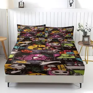 Christmas Horror Nights "inspired pattern printed bed sheet, including 1 bed sheet and 2 pillowcases, comfortable bedding, anti slip dust cover suitable for adult bedroom Christmas decoration