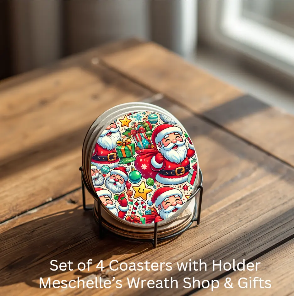 Santa Christmas House Coasters Set of 4 Ceramic Coasters with Metal Holder