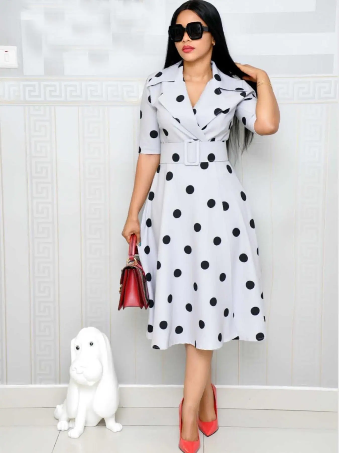 Elegant Chic Women's Midi Dress with Belt, Polka Dot Pattern, Short Sleeve, Fitted Design for Fall Style - TikTok Shop Elegant Chic Women's Midi Dress with Belt, Polka Dot Pattern, Short Sleeve, Fitted Design for Fall Style - TikTok Shop