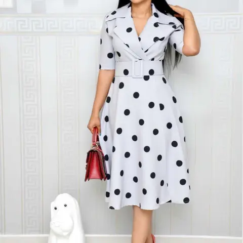 2026 Fall New Women's Dress, Suit Collar Polka Dot Belted Midi Dress, Short Sleeve Fitted Elegant Dress, Unlined Plain Surface, Polka Dot Dresses