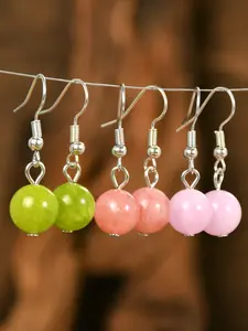 3 Pairs Fashion Natural Stone Earrings, Summer Fresh Peridot & Lavender Quartz & Sunstone, Round Bead Dangle Jewelry, Vacation Accessories