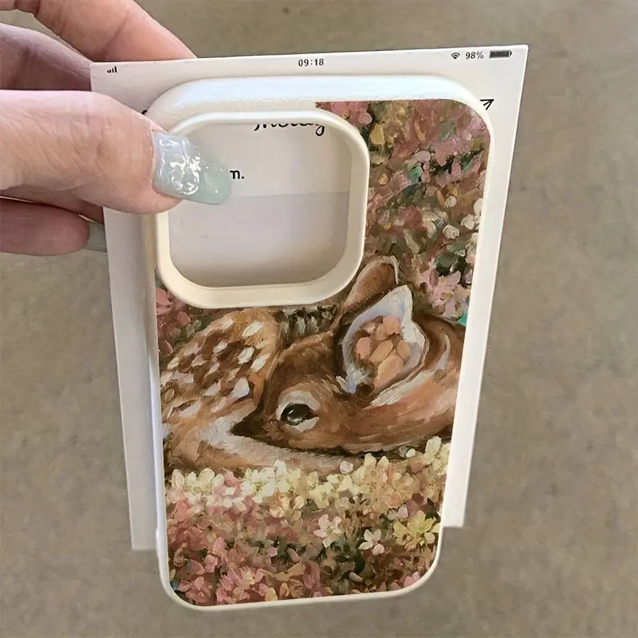 Deer Forest Flowers Retro Oil Painting Style TPU Cellphone Casing - Shockproof, Non-Slip, Large-Hole Leather-Textured Protection for iPhone 17/16/15/14/13/12/11/XS/X Series Handheld Devices, Giftable Accessory
