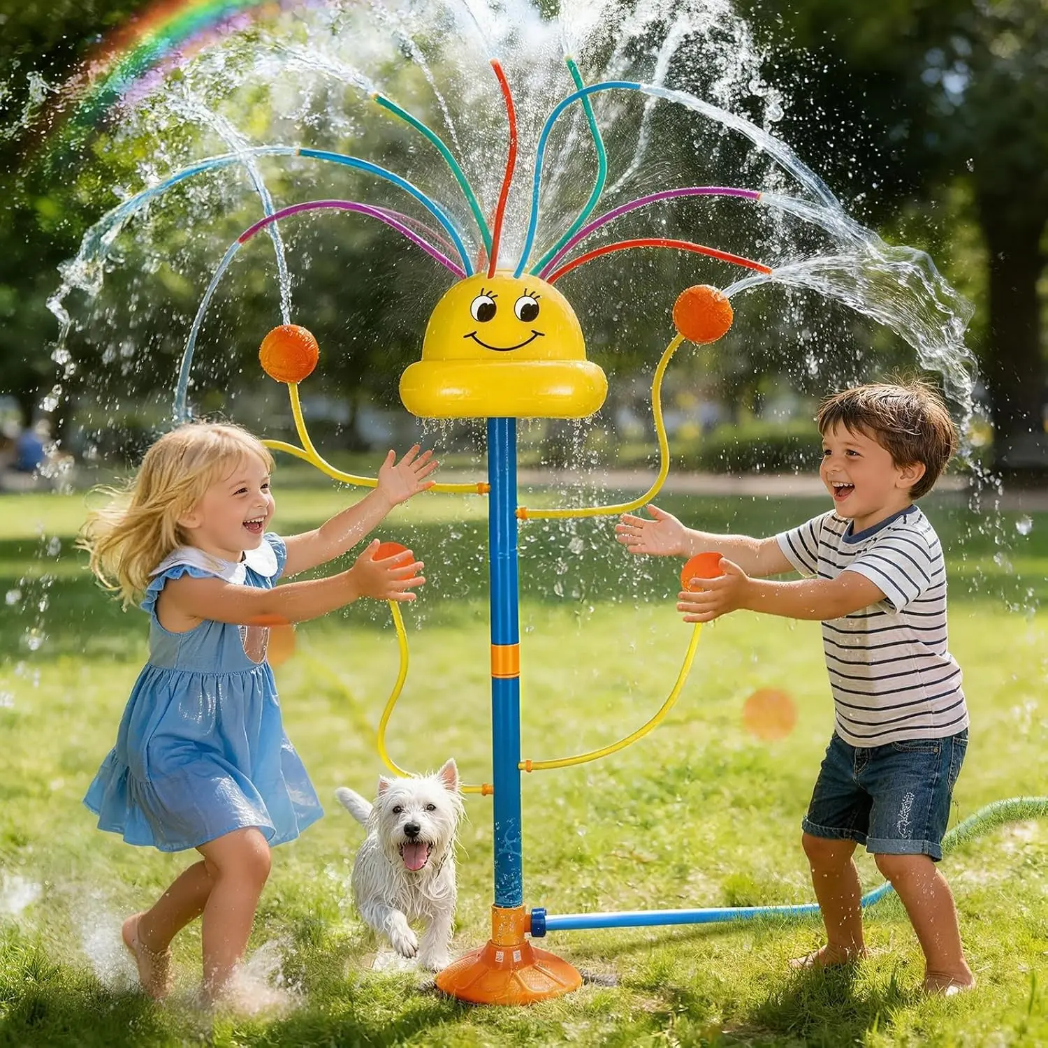 Outdoor Yard Water Sprinkler Toy for Kids, Smile Face Rainbow Splash Toy with 8 Wiggle Tubes 4 Nozzle, Backyard Lawn Water Sprinkler, Summer Family Games, Fun Water Toys for 3-8 Year Old Boys Girls