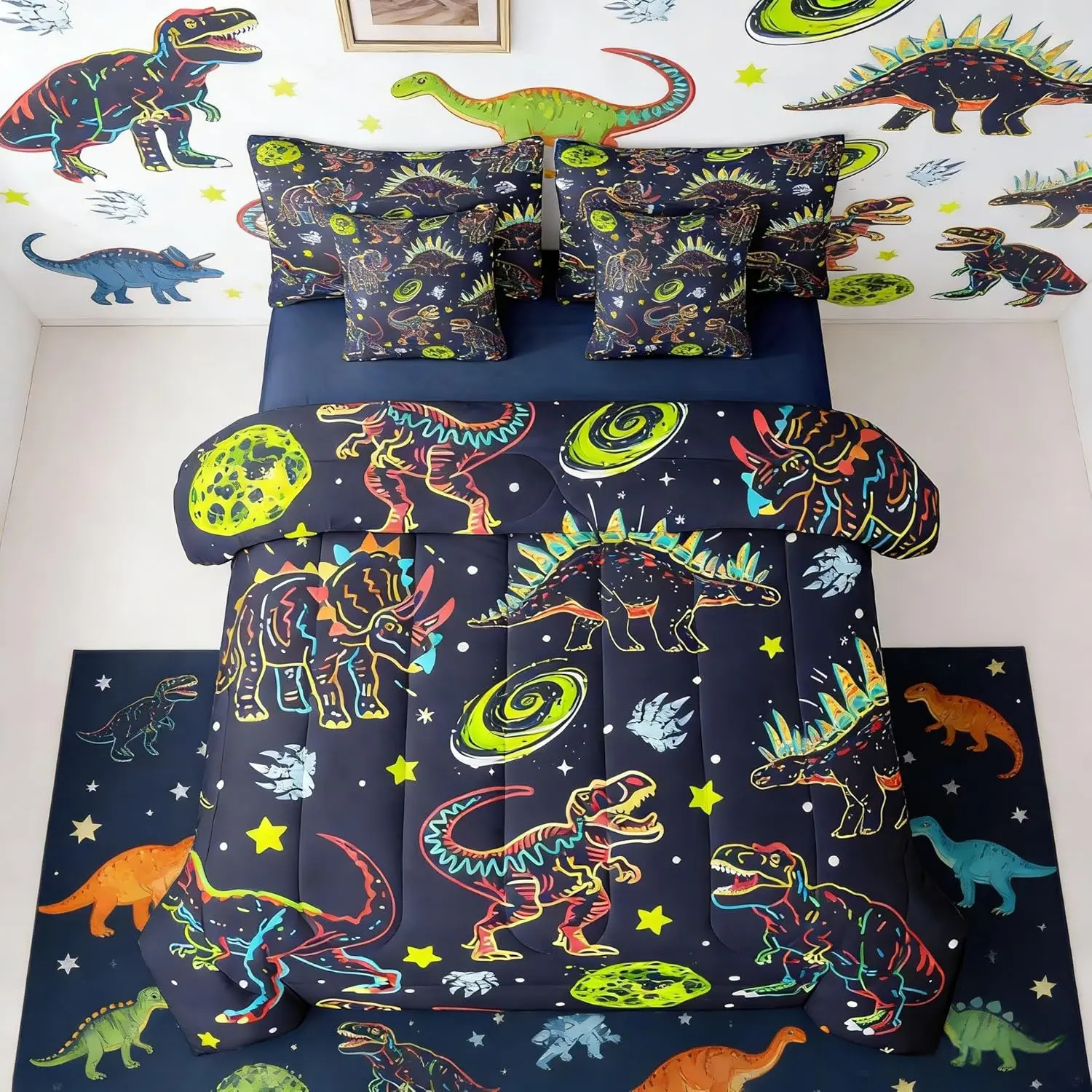 Dinosaur Bed in a Bag Dino 7 Piece Bedding Set Galaxy Outer Space Comforter Set with Sheets,Pillowcases & Cushion Cover for Women Men Room Decor Breathable Soft Microfiber Wild Animal