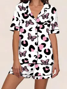 Spring Summer Women's Short Sleeve Kimono Cardigan Pajama Set, Fitted Butterfly Print Lounge Wear with Fitted Shorts, Stylish Home Attire