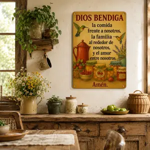 20*30cm (7.9*11.8in) Strong & Tough Aluminum Sign - Pre-Drilled 4-Pin Holes & Smooth Rounded Corners - "Dios Bendiga" Spanish Kitchen Prayer Wall Decor