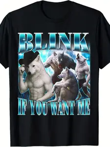 Funny Alpha Werewolf Meme T-Shirt - Blink If You Want Me - Casual Round Neck Tee with - Howl at Moon Design for Parties, Gifts & Casual Attire - Humorous Werewolf Apparel
