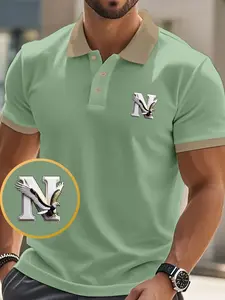 Men's Casual Polo Shirt, Muscle Slim Polo, Geometric Print, Eagle, Slim Fit, Short Sleeve, Business & Leisure, Ideal for Daily Wear, Gifts, Events
