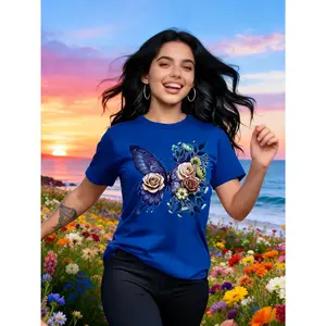 100% Cotton Unique Butterfly Flower Pattern Printed Short Sleeve Round Neck Casual Women's T-Shirt, Gift, Birthday Gift, Fashionable and Elegant, Travel Vacation, Party, Elegant, Beautiful, Sweet