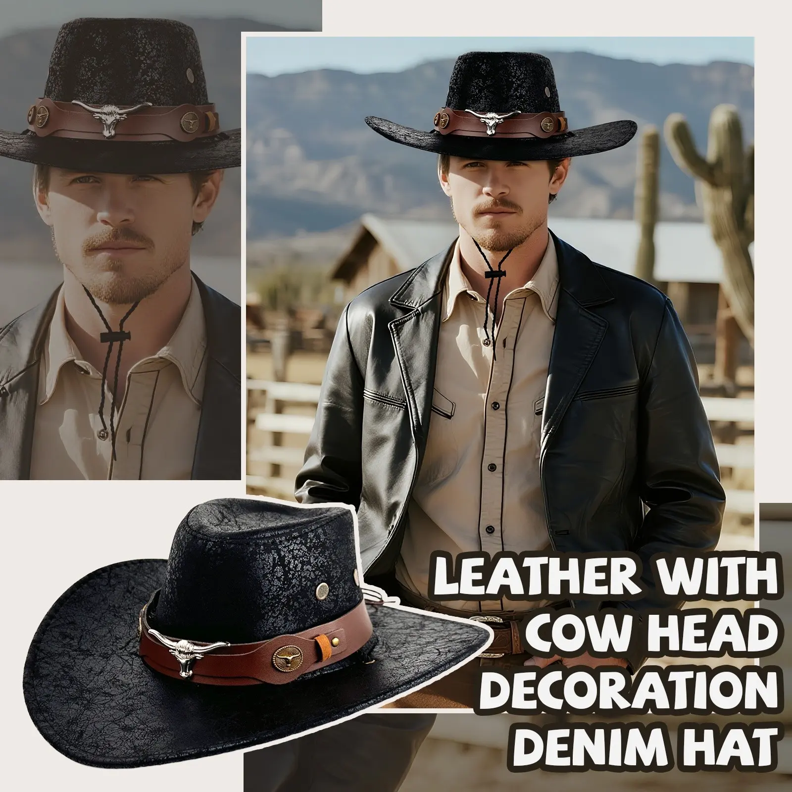 Wide Brim Western Cowboy Hat Fedora with Bull Head Band Decoration Unisex Mens Cowboy Hat with Bull Head Rivet Belt Decoration Western  main image 3