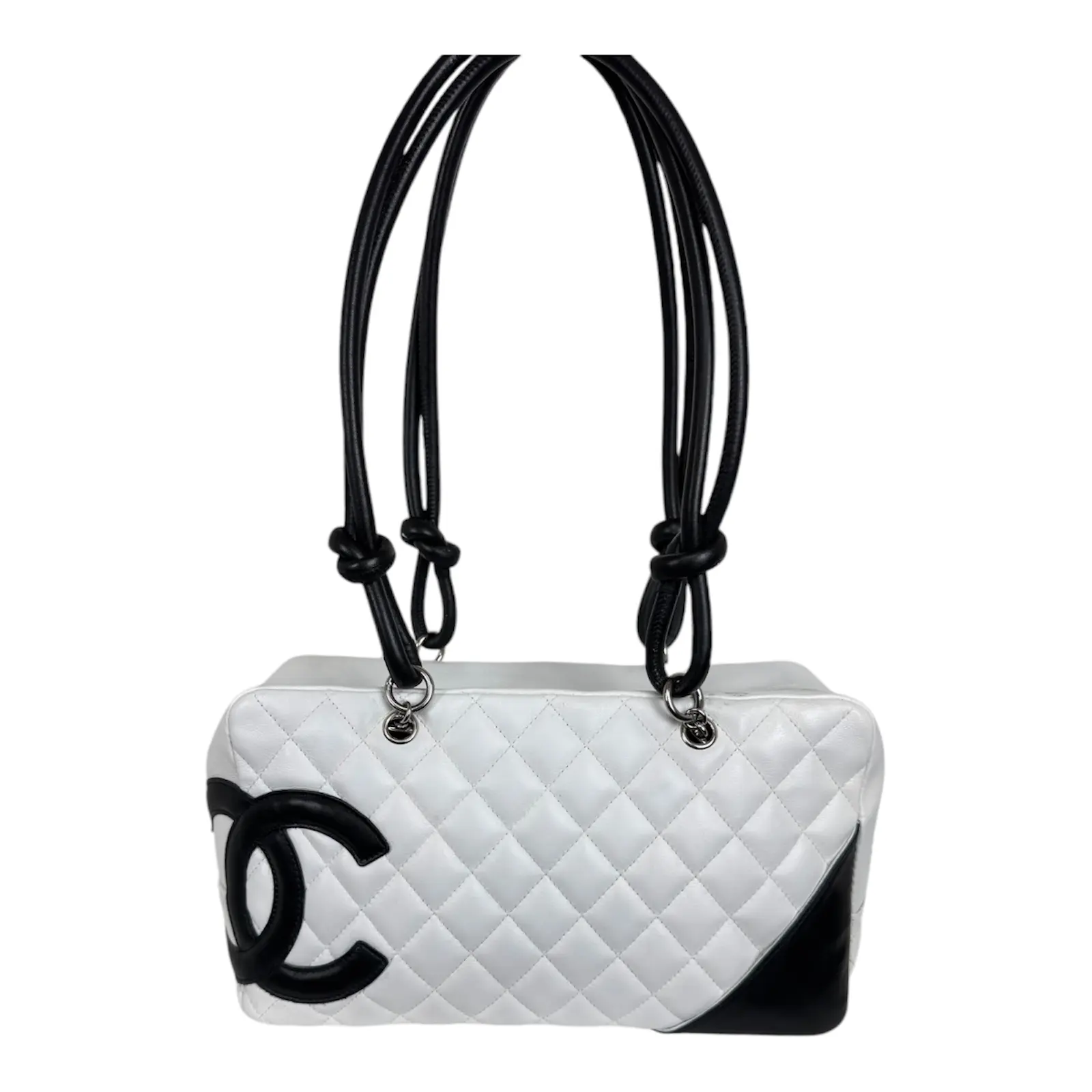 Pre-owned CHANEL Lambskin Shoulder Bags White Cambon Boston Bag With Black Leather Trim