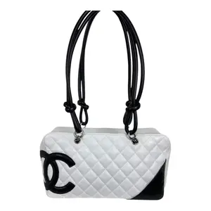 Pre-owned CHANEL Lambskin Shoulder Bags White Cambon Boston Bag With Black Leather Trim
