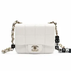 Pre-owned CHANEL Leather Shoulder Bags CALUX Monaco Mini Square Flap Bag White Lambskin Light Gold Hardware