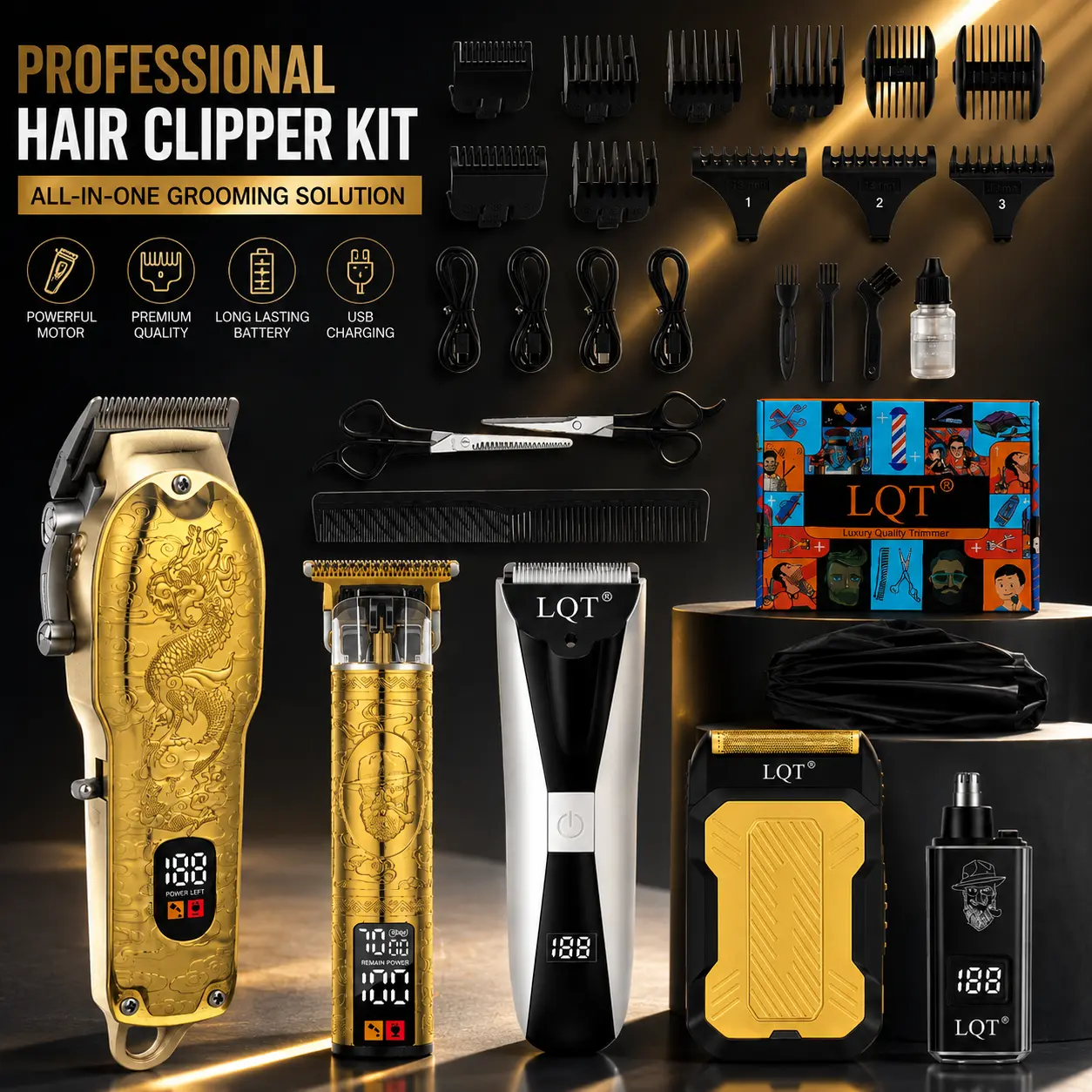 Men's 5-in-1 Professional Cordless Hair Clipper Kit - Gold Dragon Design Barber Trimmer, LCD Display, USB Rechargeable, Lightweight Clear Handle, Smooth Cut, Complete Grooming Accessories Set