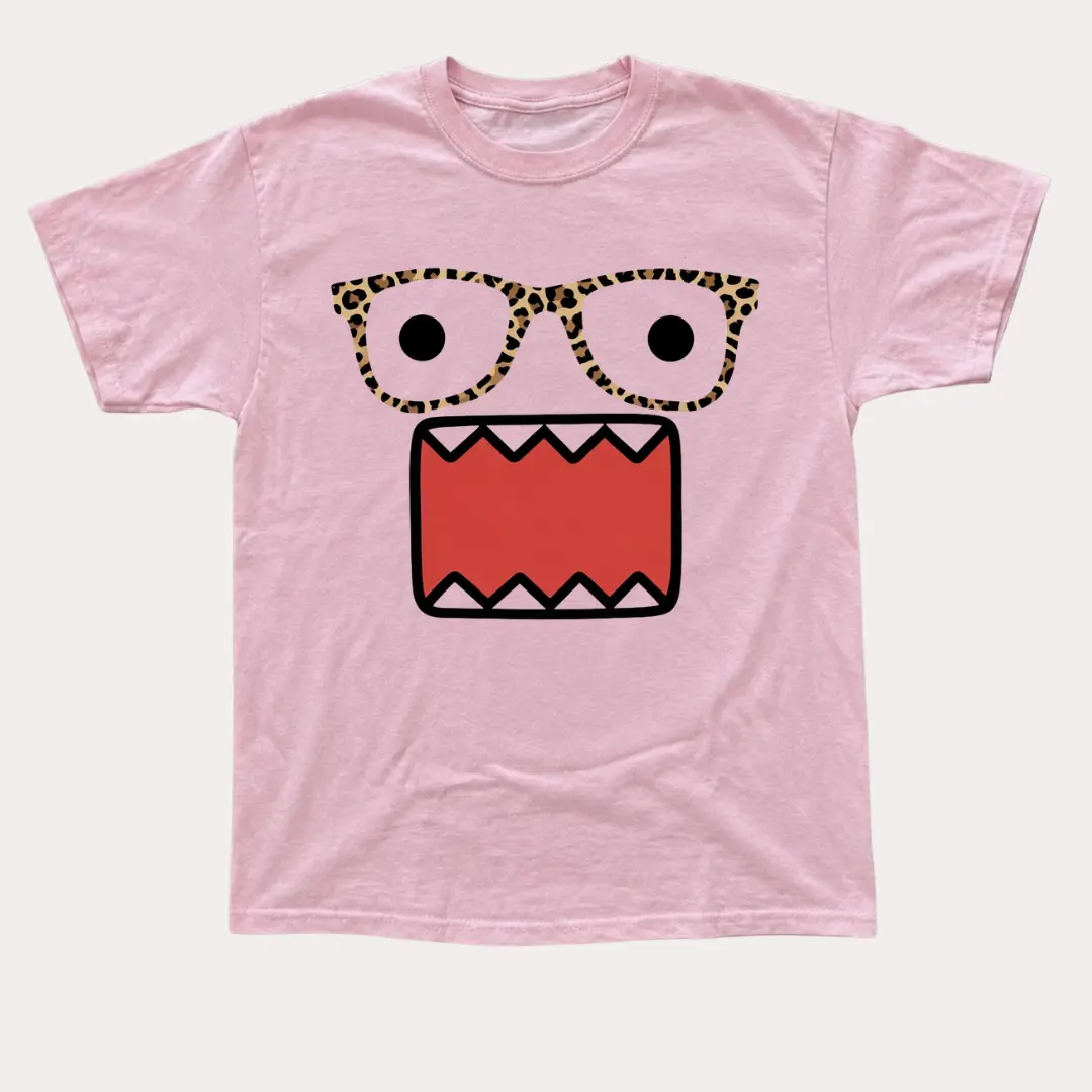 Funny Face Graphic T-Shirt, Cute Kawaii Pink Tee, Nerd Glasses Cartoon Shirt, Anime Fan Gift, Casual Streetwear
