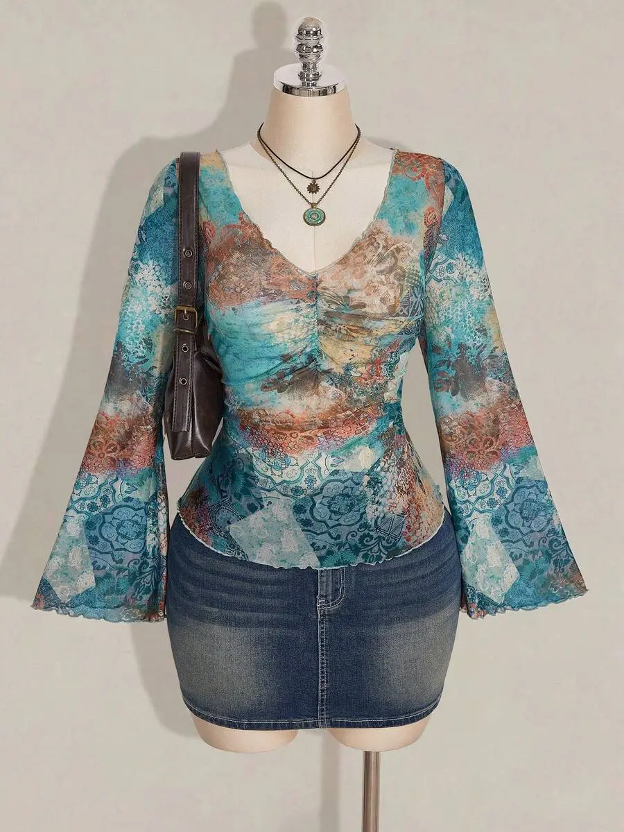 HANNA x  ICON Plus Size Sexy 1950s Vintage Elegant 1920s Bohemian Western Style Y2K Teal Exotic Pattern V-Neck Ruffled Bell Sleeve Mesh Semi-Sheer Top Office Autumn