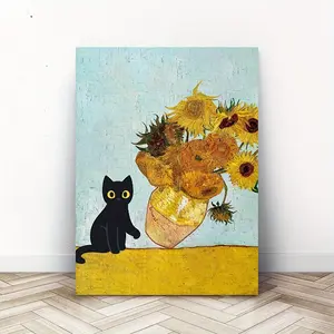 Black Cat Knocking Over Sunflower Vase Canvas Art Print Unframed Wall Decor for Living Room & Bedroom Ready to Hang Gift Ornaments Decoration Modern Floral Paintings Artwork Artistic
