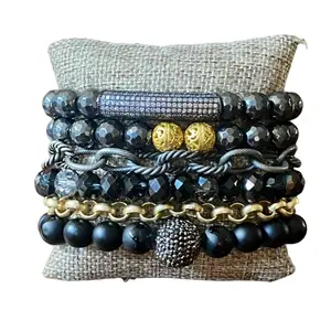 Black and Gold Bead and Chain Bracelet Stack