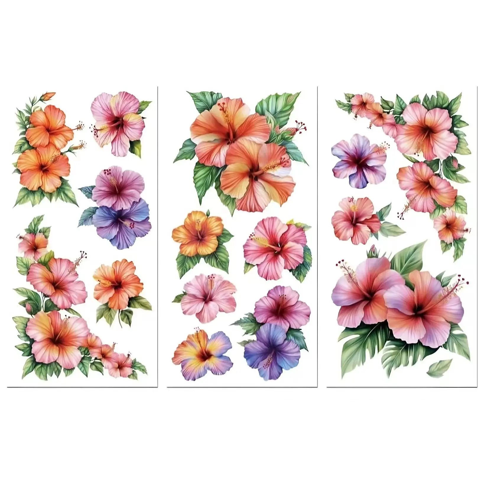 Rw-3pcs Tropical Hibiscus Watercolor Floral Stickers, Waterproof Durable Cuttable, Ideal for Furniture Cabinets, Desk, Luggage Decoration