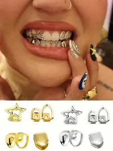 4Pcs Women's Teeth Grillz Design, Hollow Out Pentagram Star Face, Copper Material Hip Hop Fashion Jewelry, Set of 4 Pieces