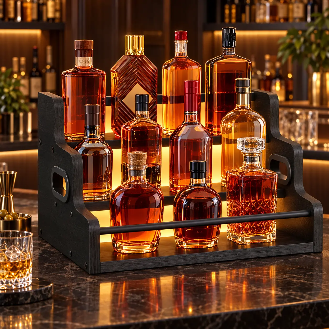 3 Tier Liquor Bottle Display Shelf with LED Lights, Countertop Whiskey Bottle Organizer & Storage Rack, Home Bar Alcohol Display Stand for Kitchen, Bar & Party, Black