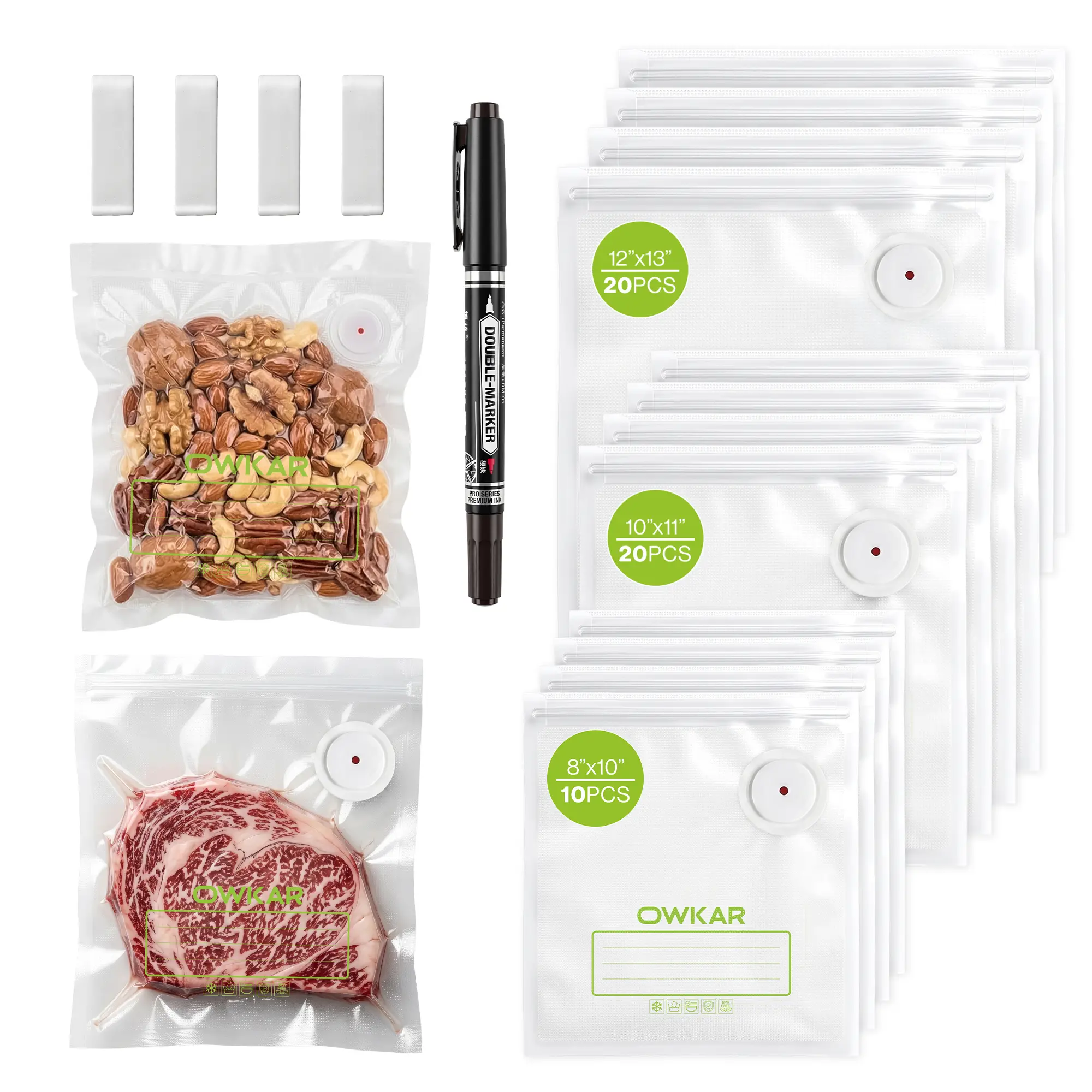 OWKAR 50 Pcs Reusable Vacuum Sealer Bags for Food, Sous Vide & Freezer Storage - Small, Medium & Large (Sealer Not Included)