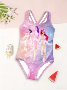 Girls Kpop Series One-Piece Swimsuit, Colorful Light Effect, Cartoon Anime Print, Back Cross Strap, Beach Vacation New Swimwear