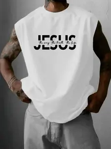 Men's 'Jesus The Way The Truth The Life' Oversized Sleeveless Tank Top – Premium Cotton Christian Faith Graphic Tee, Casual Letters Print, Casual Streetwear Muscle Top