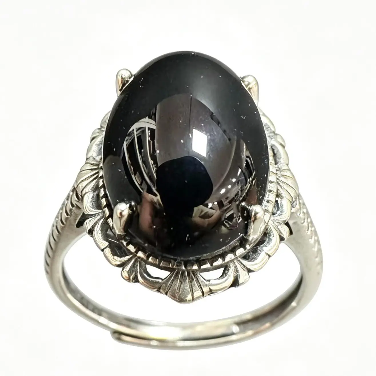 Unisex Adults' Handcrafted Gothic 925 Silver Adjustable Statement Ring, Natural Crystal Oval 15×11mm Black Onyx Ring, Boho-Gothic
