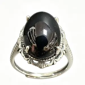 Gothic Black Onyx 925 Silver Adjustable Statement Ring