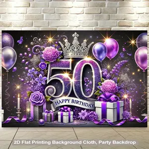 2D Flat, 1pc Birthday Party Backdrop Banner, Party Supplies - Purple & Golden Birthday Decoration with Happy Birthday Text, No Electricity Needed, Easy Hang Wall Hanging for 50th Birthday, Anniversary, Wedding - Durable Polyester Fabric