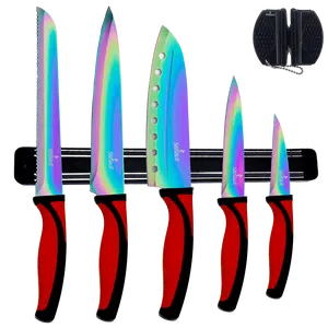 Kitchen Knife Set Kit | Red Handle & Black Magnetic Rack