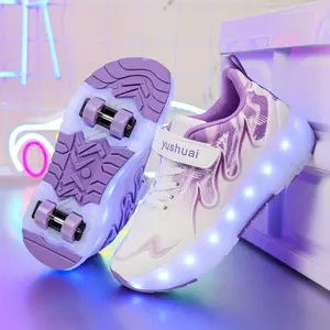Rechargeable Light-Up Four-Wheel Roller Shoes with Removable Wheel Assemblies, Featuring  LED Lights, Removable Ice Skating Boots, Student-Style Wheeled Footwear, All-Season Outdoor Casual Sports Inline Skates, Designed for Girls and Boys