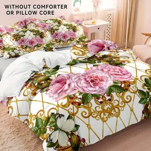 3pcs Bedding Set (1 Fitted Sheet + 2 Pillowcases), Border Floral Pattern, Digital HD Print, Home Dorm Bedroom