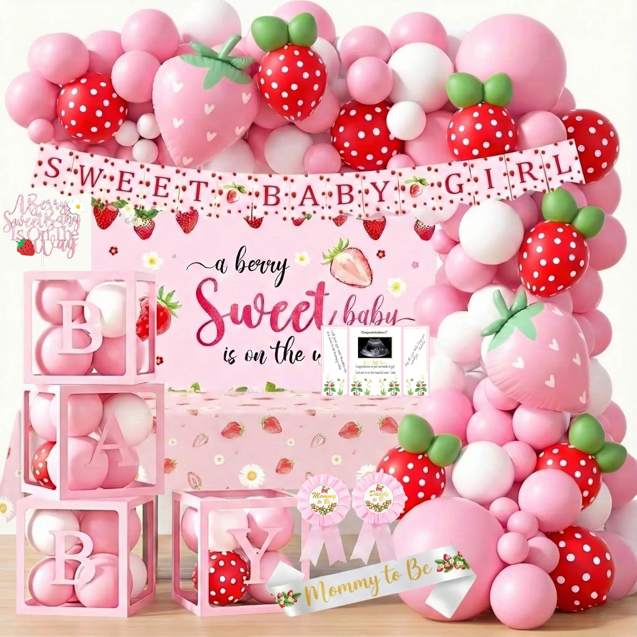 Strawberry Girl Baby Shower Balloon Decor Set with Gender Reveal Graphic Balloons, Retro Berry Sweet Backdrop, 4 BABY Boxes, Garland, Print Sash & Cake Topper - Festive Party Supplies