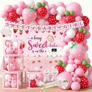 Strawberry Baby Shower Decorations A Berry Sweet Baby Backdrop Balloon Arch Kit with 4 BABY Boxes Sash Cake Topper Girl Party Decorations