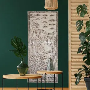 Artistic Carved Krishna Door Wall Panel Limewash Accent Decor 83X36