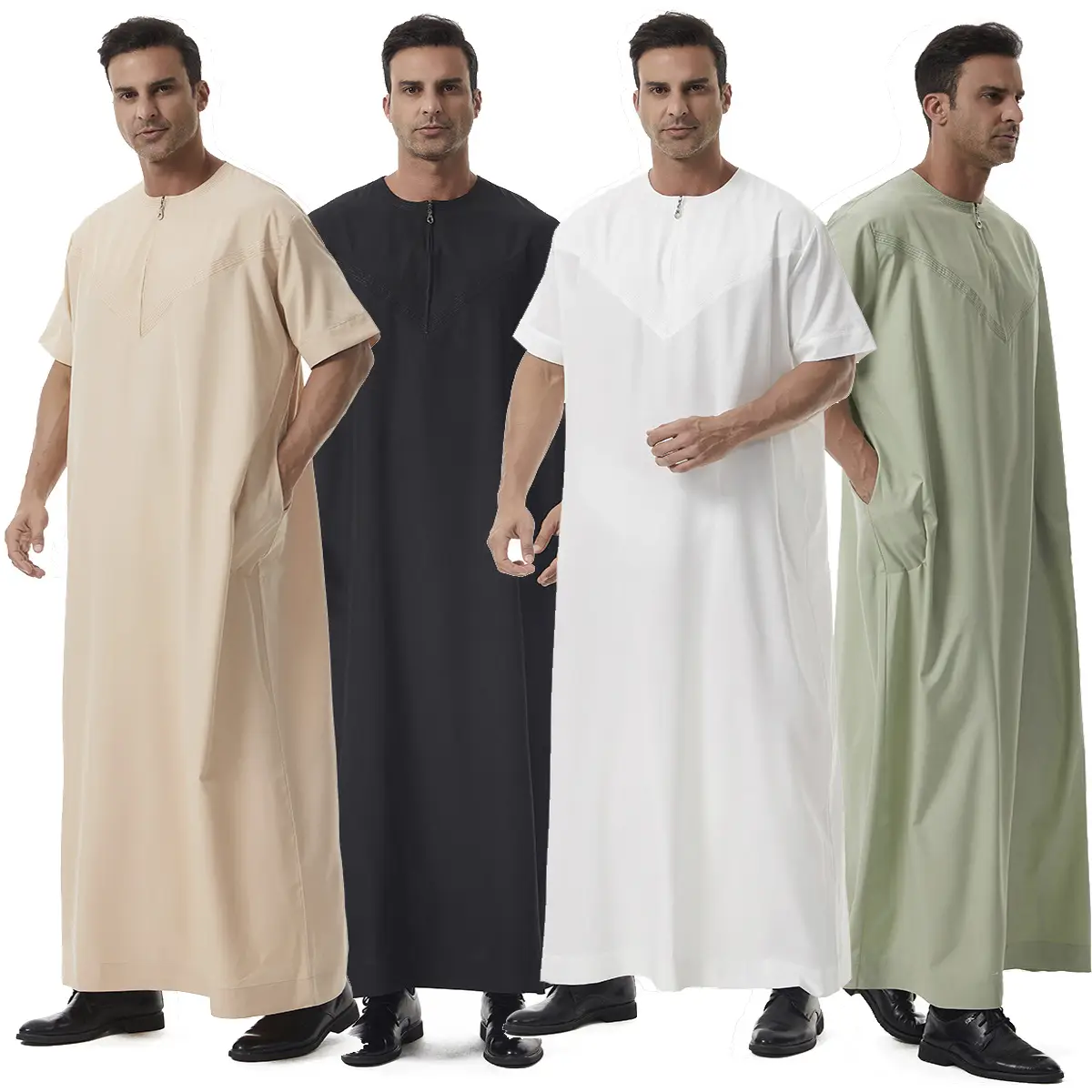 Solid-Color Robe with Stitched Pockets & Zipper - Loose, Casual & Breathable Short-Sleeve Robe, Suitable Stylish Muslim Men's Clothing for eid shoppin