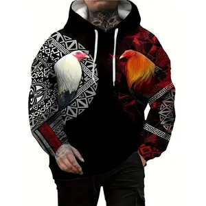 Casual Street Style Hooded Sweatshirt - Men's Knitted Polyester Regular Fit, with Rooster Print, Kangaroo Pocket - Outdoor Sports, Fall/Winter Fashion
