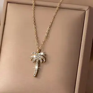 Gold CZ Palm Tree Pendant Necklace Sparkly Tropical Beach Jewelry Dainty Summer Accessory for Women Perfect Vacation Gift