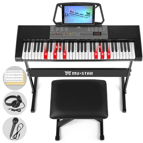 MUSTAR Piano Keyboard with Lighted Up Keys 61 Keys Electric Piano Keyboard for Beginners Includes Microphone Headphones and Bench Perfect for Learning