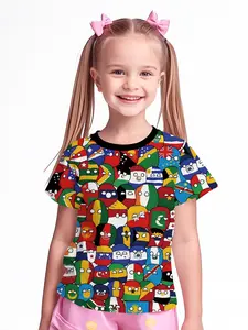 Colorful Ball Treasure Full Print Shirt Digital Printing Summer Fashion Girls' Clothing, 100% Polyester Designed for Energetic Children, Cute Girls' Short-Sleeve T-Shirt, Summer Casual Children's Clothing, Outdoor Sports T-Shirt
