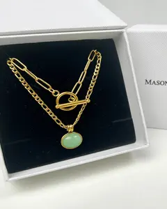 18K Gold Link Chain + Jade Pendant Necklace Stack Bundle