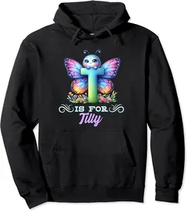 T Is For Tilly Girly Butterfly And Flower Initial Name Pullover Hoodie - Sarahreb Shop 27B0D2W3SL3S